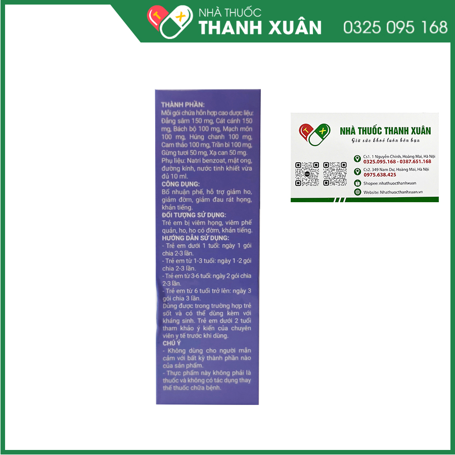 Ho Baby Sao Thiên Y giúp hỗ trợ bổ phế, hỗ trợ giảm ho, giảm đờm, giảm đau rát họng, khàn tiếng